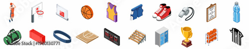 Isometric basketball icons set featuring professional equipment, gear, court elements, and game accessories isolated on white background.
