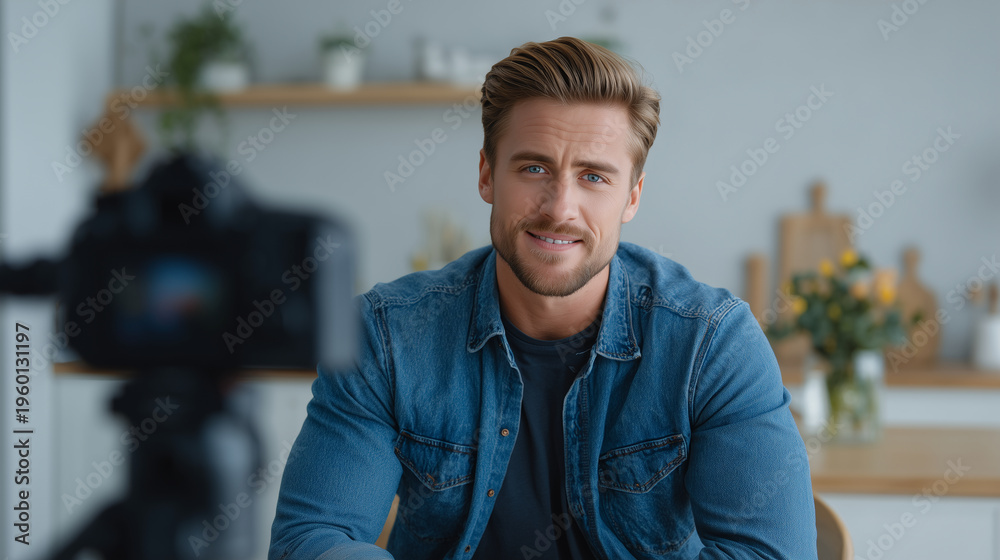 Fototapeta premium Male blogger talking to camera while recording video, photorealistic, realistic expression, natural lighting, clean background, copy space, influencer marketing