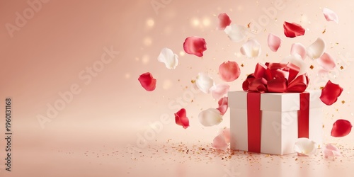 Luxury present packaging mockup with satin bow, peony flowers, and gentle confetti petals perfect for holiday promotions.