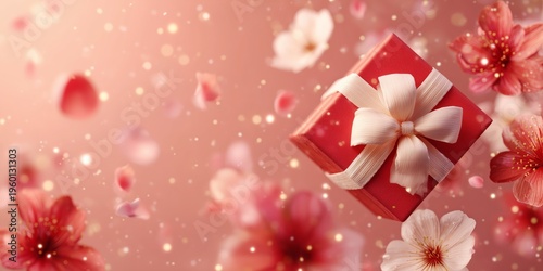 Romantic celebration concept: white gift box, red bow, lush peonies, and airy petals for wedding or Valentine design.