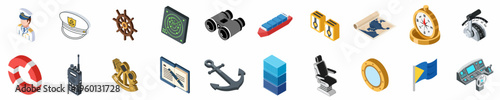 Collection of 20 isometric maritime and nautical icons featuring navigation tools, shipping equipment, and maritime personnel elements on a white background.