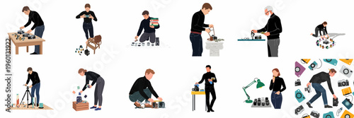 Vector illustration collection of people engaging in various photography-related activities like cleaning vintage cameras, organizing lenses, and preparing film equipment for use.