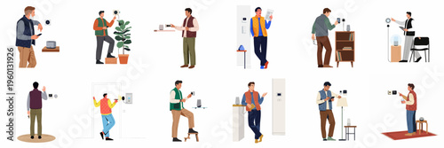 Set of flat vector illustrations featuring diverse men controlling various smart home devices like speakers, security cameras, and climate control panels.