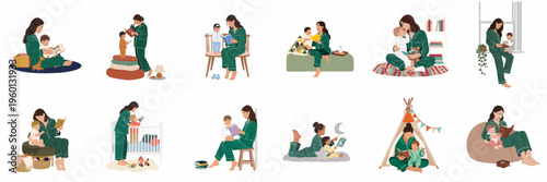 Flat illustration set of a mother in green pajamas reading bedtime stories to her baby in various cozy home settings.