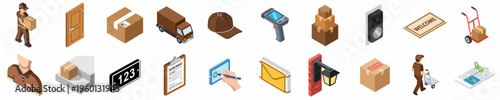 Isometric Delivery and Courier Service Icons Set featuring Personnel, Vehicles, Packages, and Logistics Tools for Shipping and Distribution.