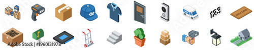 Set of isometric delivery and logistics icons including delivery person, packages, scanners, delivery truck, and residential home accessories for e-commerce and shipping services.