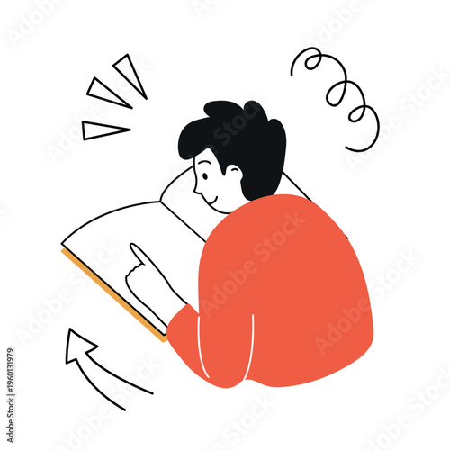 Boy in red clothing reads large book with interest, tracing finger along pages. Doodle vector illustration for education