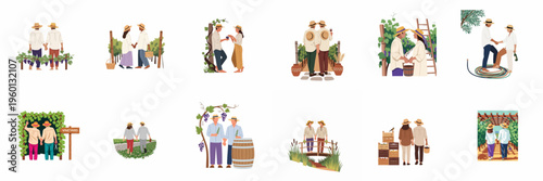 Diverse couples enjoying vineyard activities including wine tasting, grape harvesting, and romantic walks in this flat vector illustration set.