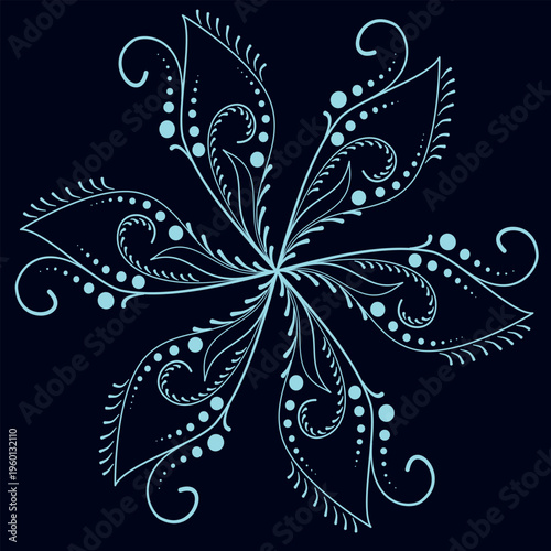 Teal feathered snowflake ornament, Christmas mandala with elegant line art.