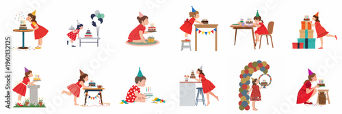 Collection of cute illustrations featuring a young girl in a red dress celebrating her birthday with cakes, balloons, and party hats.