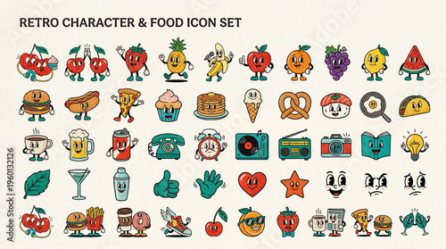 Retro character and food icons on a light background showing colorful designs and various food items in a playful style