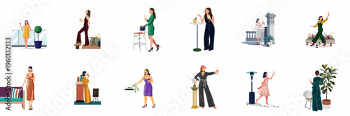 Collection of flat illustrations showing elegant women celebrating at various parties and social gatherings with drinks and stylish outfits.