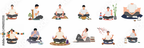 Flat illustration set of a man practicing various meditation and mindfulness techniques including yoga, crystal healing, sound therapy, and prayer for wellness.