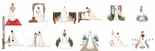 Collection of diverse brides in elegant wedding gowns at various ceremony settings, featuring minimalist flat vector illustrations for romantic and matrimonial themes.