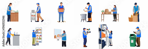 Collection of diverse volunteers working in community centers and food banks, performing charity tasks like cooking, packing, cleaning, and distributing food.