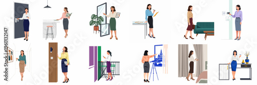 Professional women in various real estate, office, and home interior settings, flat vector illustration collection.