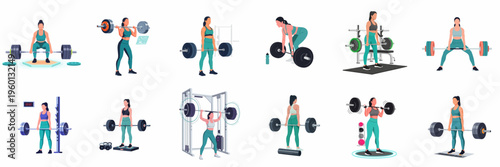 Set of flat vector illustrations of a female athlete performing various weightlifting exercises with barbells in a gym setting.