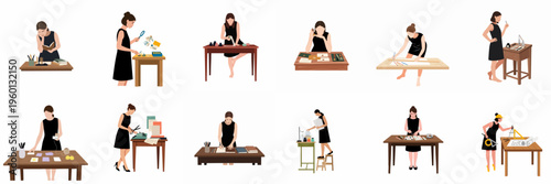 Vector set of illustrations showing a woman in a black dress performing various tasks like writing, drawing, painting, and drafting at a desk.