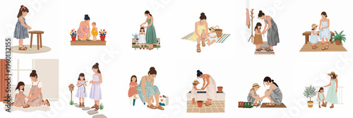 A collection of flat minimalist illustrations showing heartwarming moments of mothers caring for their young children in various daily settings and outfits.