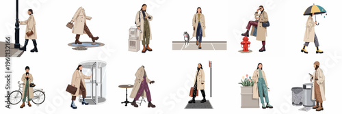 Flat illustration set featuring stylish women in beige trench coats during various daily activities in an urban environment.
