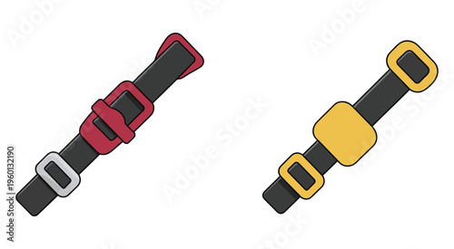 Two seatbelt buckles, one red and one yellow, displayed on a white background, vector illustration for vehicle safety, transportation