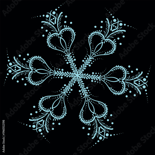 Romantic winter frost ornament, teal snowflake mandala for wedding invitations.