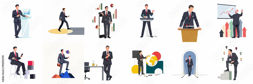 Naklejka premium Comprehensive vector set of professional businessmen in various roles, featuring presentations, technology use, global strategies, leadership, and successful growth scenarios.