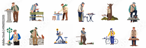 Set of vector illustrations featuring elderly men engaged in playing chess outdoors and in various urban settings, showcasing leisure, strategy, and retirement life.