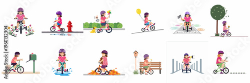 A collection of cute vector illustrations depicting a young girl's outdoor adventures on her tricycle across various playful and seasonal scenarios.