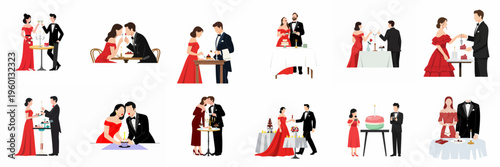 Collection of elegant couples in formal wear enjoying romantic candlelit dinners, desserts, and champagne celebrations in a flat illustration style.
