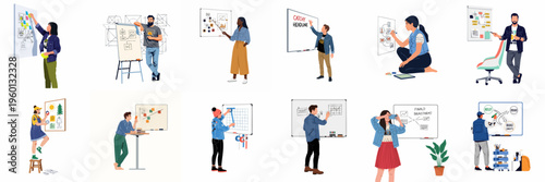 Diverse set of creative professionals brainstorming, planning, and designing on whiteboards, flipcharts, and mood boards in a modern office environment.