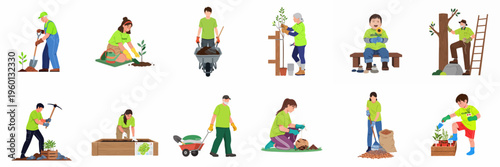 Diverse group of volunteers gardening, planting trees and flowers, and working together to improve the community environment.