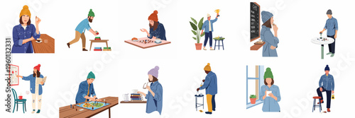 Flat Vector Illustration Set of People in Beanies and Denim Shirts Enjoying Various Leisure Activities, Games, and Cafe Moments.