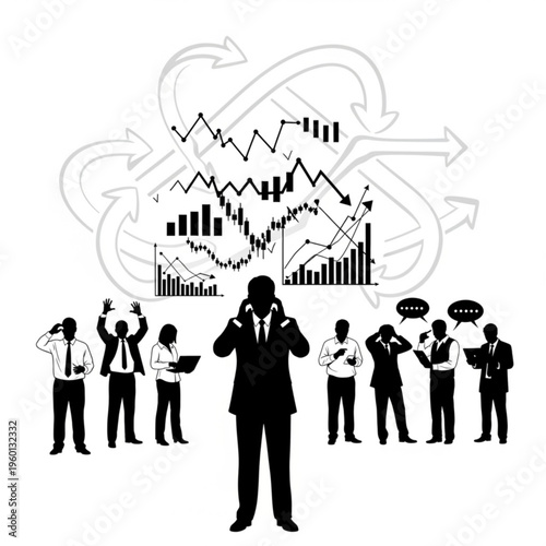 Business professionals in silhouette dealing with market fluctuations and data analysis.