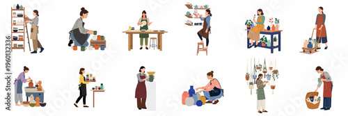 Collection of flat vector illustrations depicting female artisans and potters working in a ceramics studio, crafting, arranging, and packing various handmade clay items.