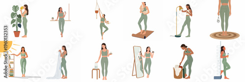 Collection of flat illustrations showing a woman's daily wellness and self-care routine, including yoga, plant care, and personal grooming.