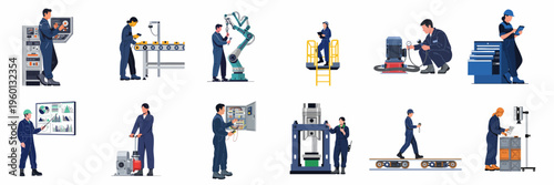 Industrial workers and engineers in blue overalls performing various tasks in a modern manufacturing factory setting with technology and heavy machinery.