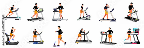 Flat vector illustrations of a man performing different activities and exercises on a treadmill, showcasing various fitness routines and health scenarios.