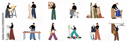 Set of Professional Fashion Designers and Tailors Working in Creative Studio Environment on Different Stages of Garment Creation