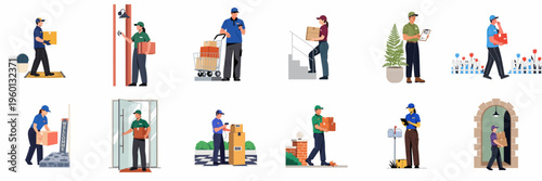 Collection of delivery couriers in various uniforms performing parcel delivery tasks like carrying boxes, scanning barcodes, and getting signatures at residential homes.