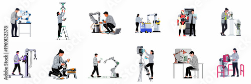 Collection of engineers and technicians maintaining, programming, and repairing industrial robots, humanoid machines, and electronic components in modern workspace environments.