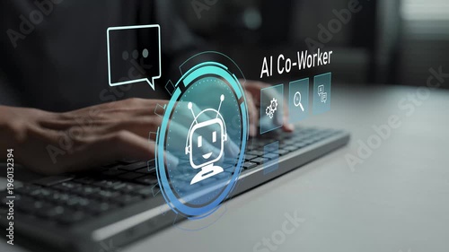 Artificial intelligence co worker concept. Person typing keyboard with AI assistant and workflow icons, human and AI collaboration, task automation and workplace efficiency.