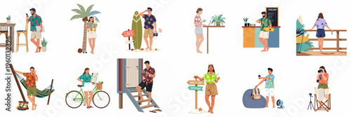 Flat vector illustration set of digital nomads and tourists enjoying summer vacation, working remotely, and relaxing in a tropical beach environment.