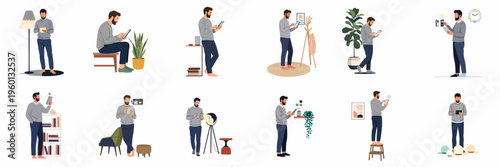Vector set of a man interacting with various smart home technologies and devices using a digital tablet in different domestic environments.