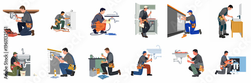Set of Male Plumber Illustrations: Professional Technicians Fixing, Installing, and Maintaining Sinks, Pipes, and Water Systems in a Flat Vector Style