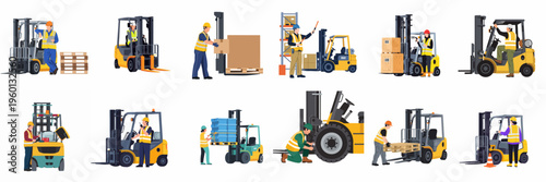 Comprehensive set of flat vector illustrations depicting industrial warehouse workers operating, loading, and maintaining forklifts on a white background.