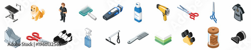 Comprehensive Isometric Collection of Professional Dog Grooming Equipment, Tools, and Accessories for Pet Care and Salon Services