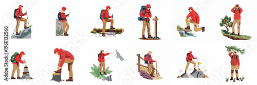 Vector illustration set of hikers in red jackets exploring nature, climbing rocks, navigating trails, and enjoying outdoor adventures.