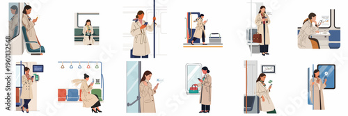 Set of illustrations depicting a businesswoman in a trench coat using her smartphone while commuting on public transportation like subways and trains.