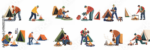 Flat vector illustration set of men building and tending campfires near tents while camping in the wilderness.
